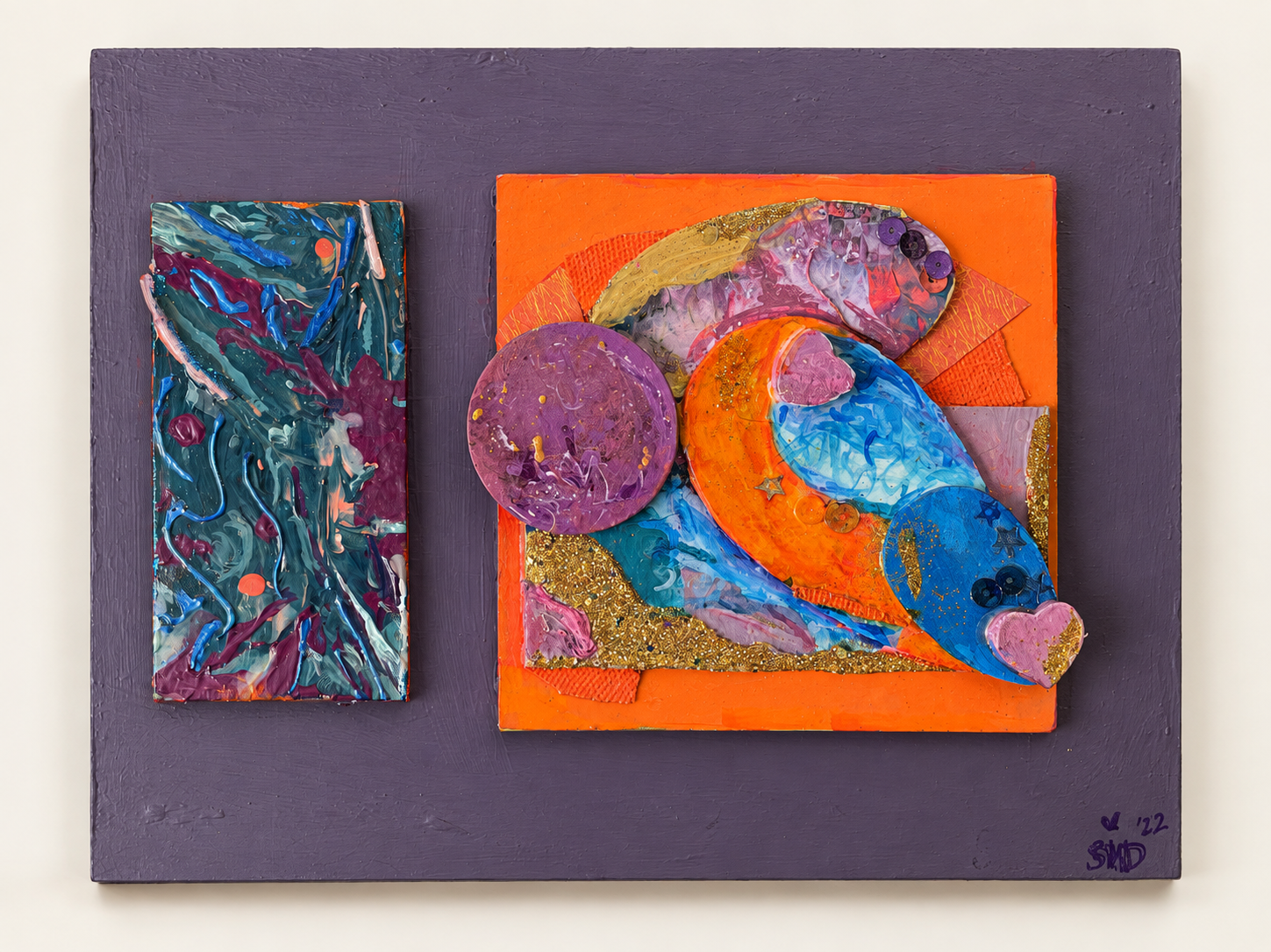 Colorful dimensional mixed-media artwork on a purple rectangular support
