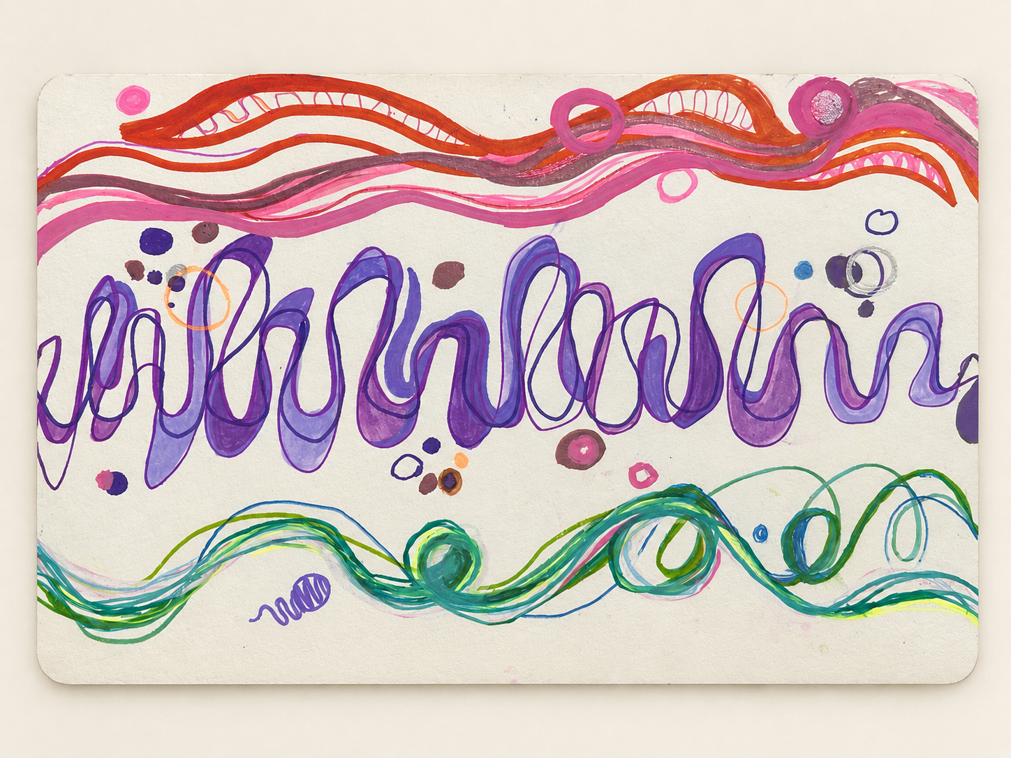 Horizontal abstract drawing with purple loops and colorful wavy bands