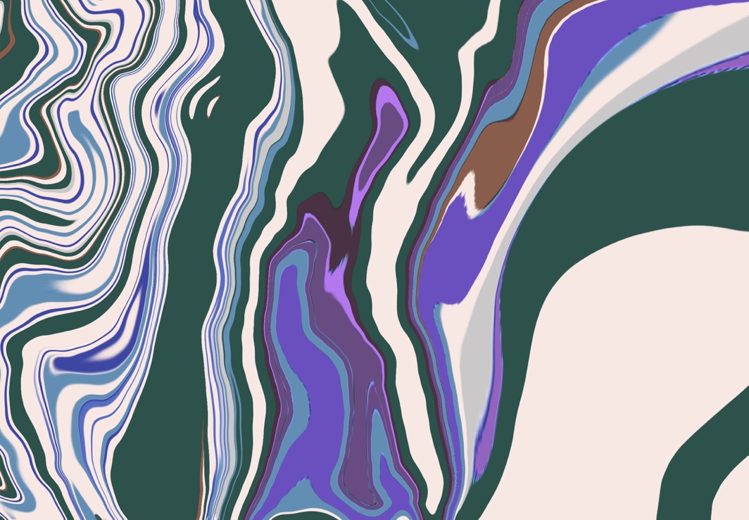 An abstract flowing pattern in green, purple, blue, and cream