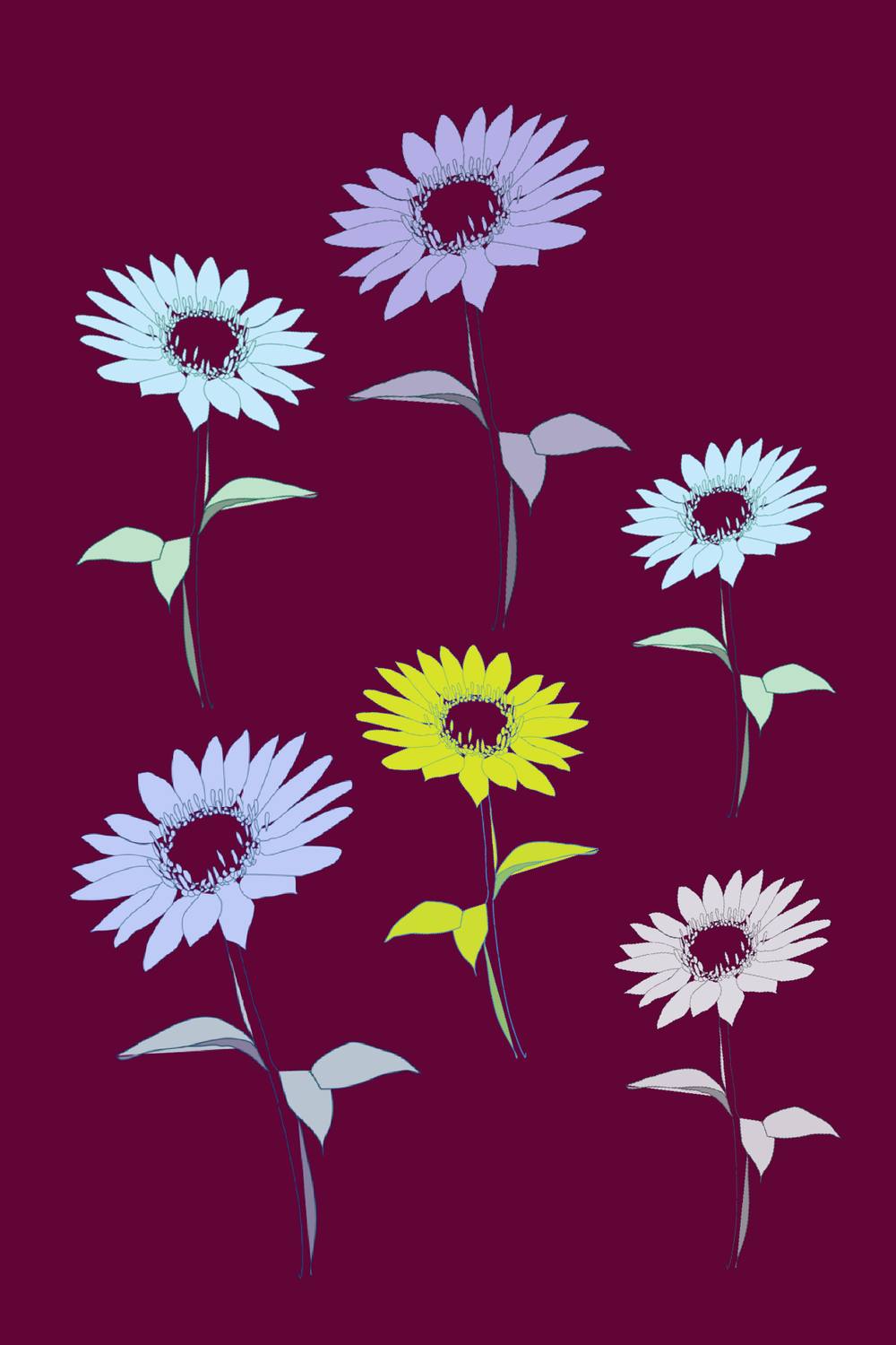 Digital daisies in white, lavender, and yellow on a deep maroon background