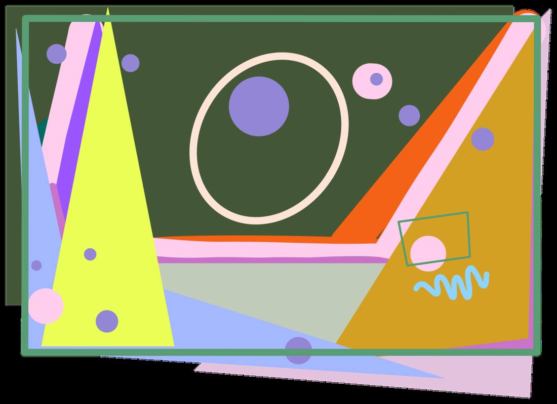 Abstract geometric composition in green, yellow, purple, and orange