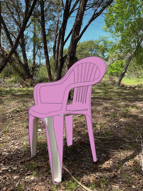 A pink illustrated chair standing in a wooded clearing