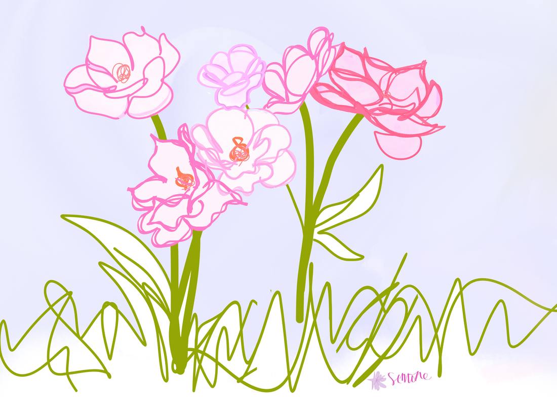 Loose pink wildflower sketches with green stems, signed Simone