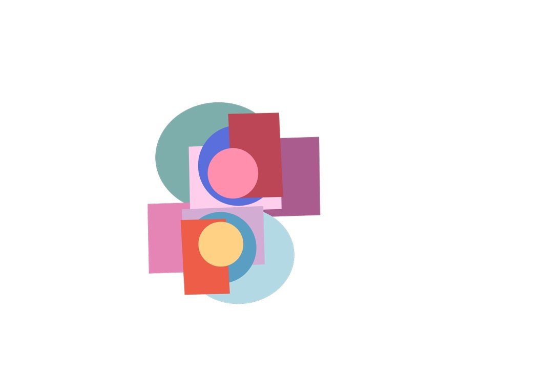 A collage of overlapping colorful geometric shapes on white