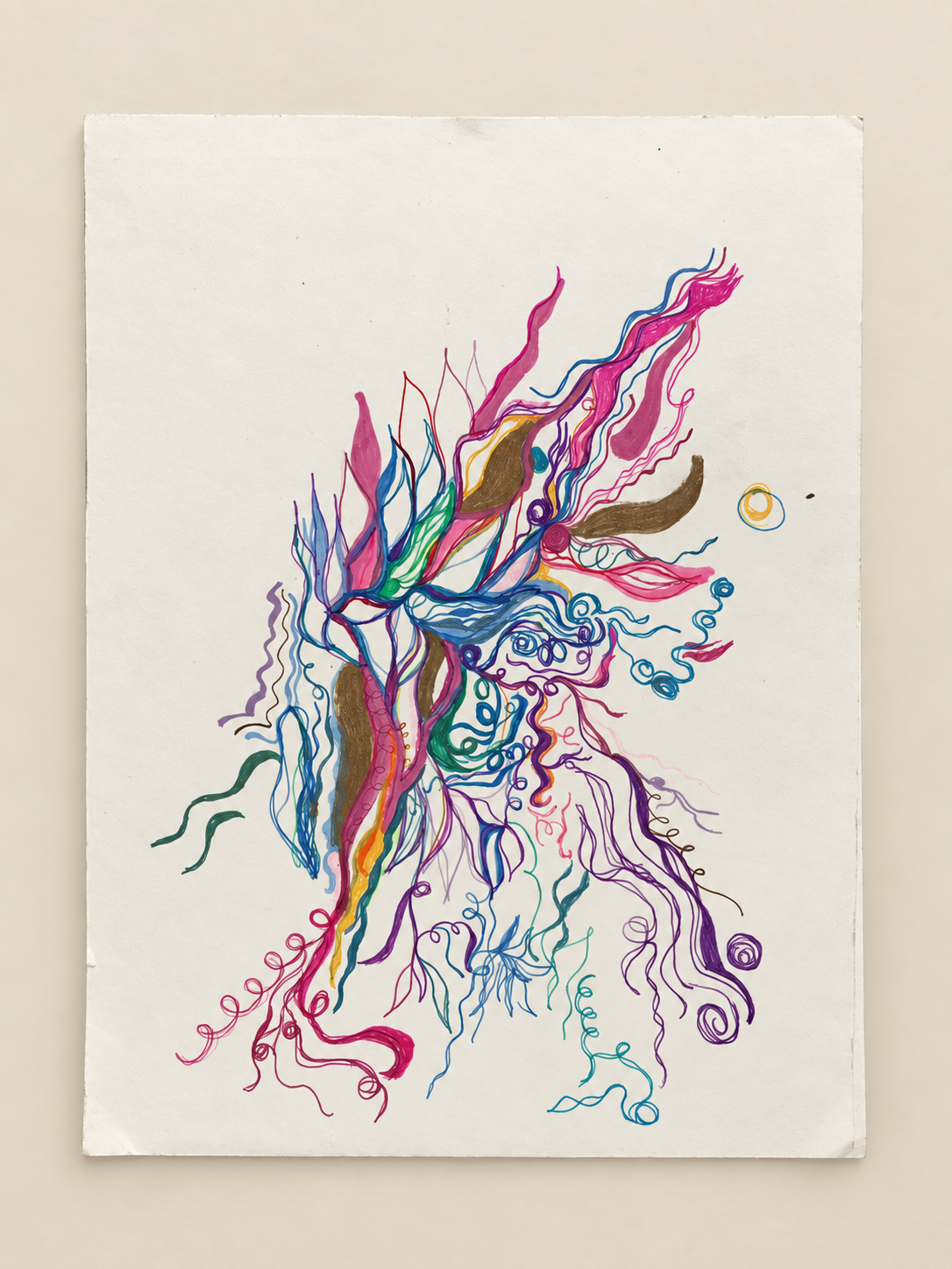 Flowing abstract drawing made from colorful lines, curls, and filled shapes