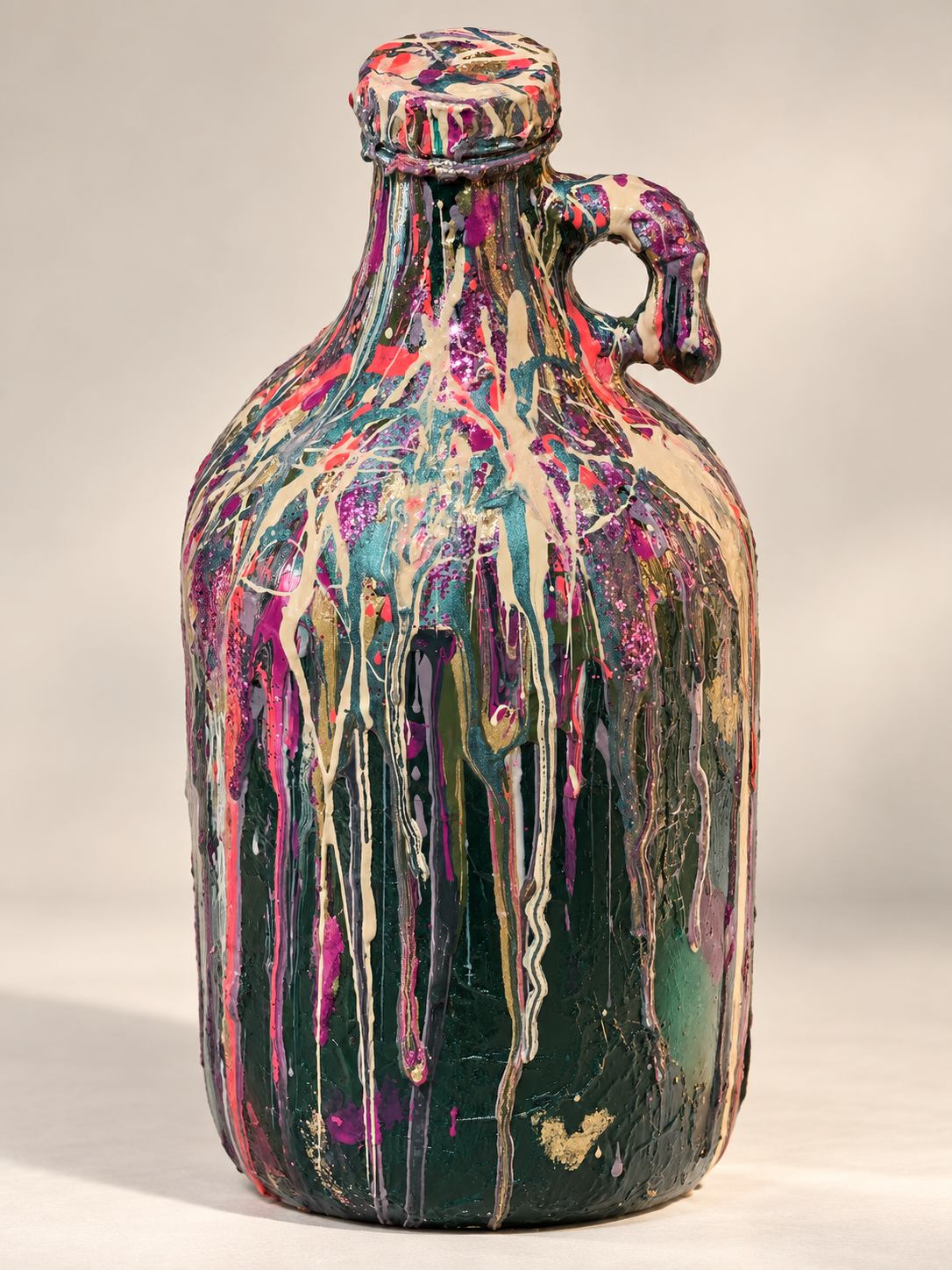 A large jug covered in layered drips of colorful nail polish