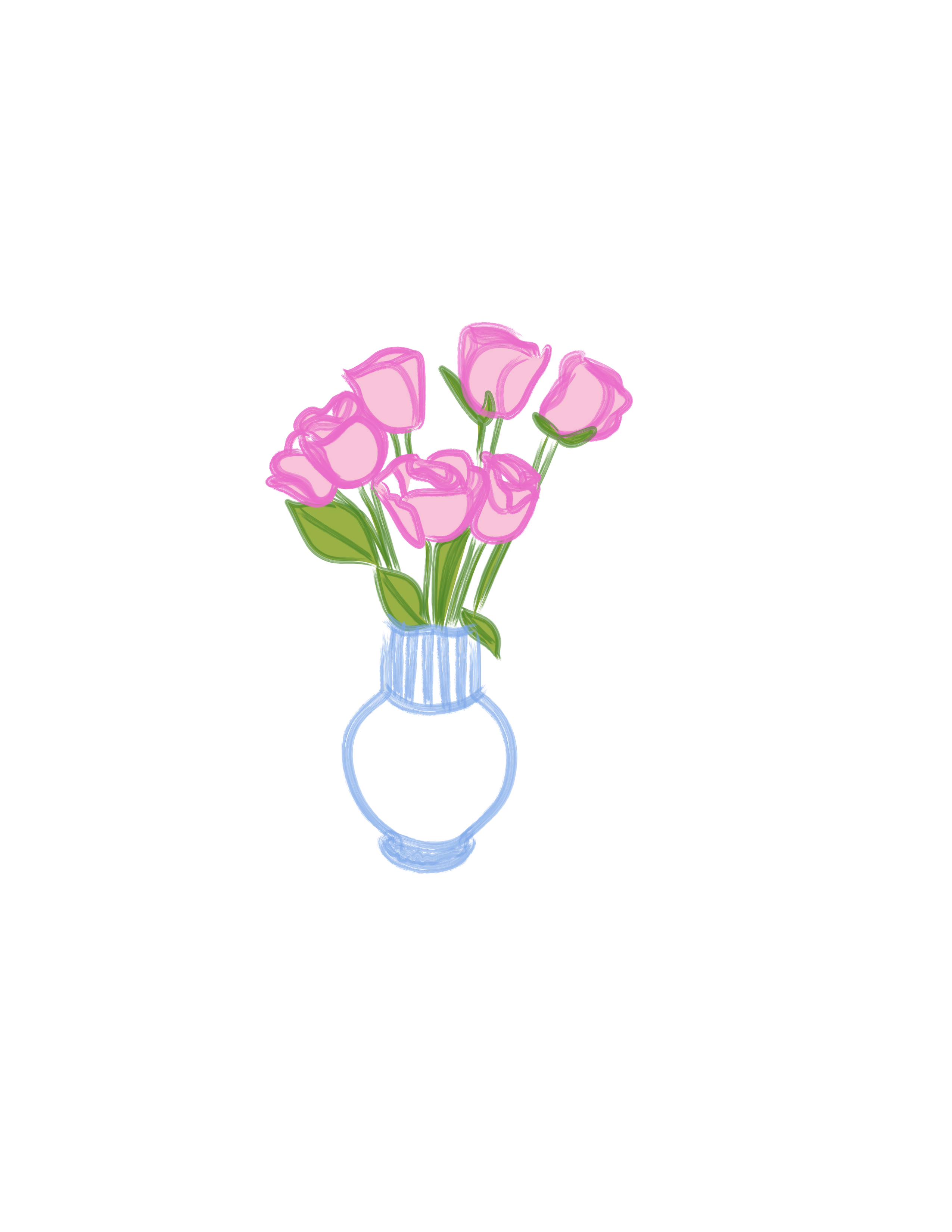A digital drawing of pink roses in a blue vase