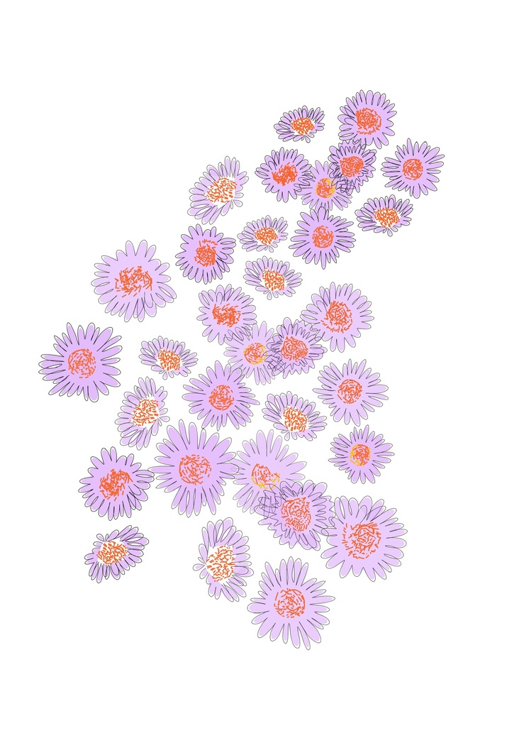 A loose constellation of lavender and orange flower doodles