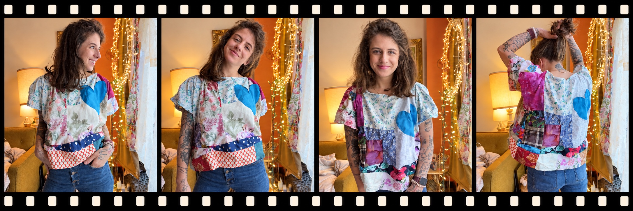 Four photos of The Right Way T, a patchwork shirt shown from the front and back