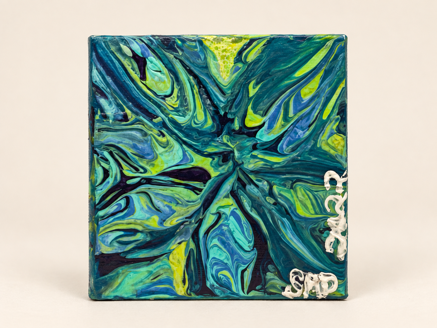 Small square marbled painting in teal, blue, chartreuse, and purple