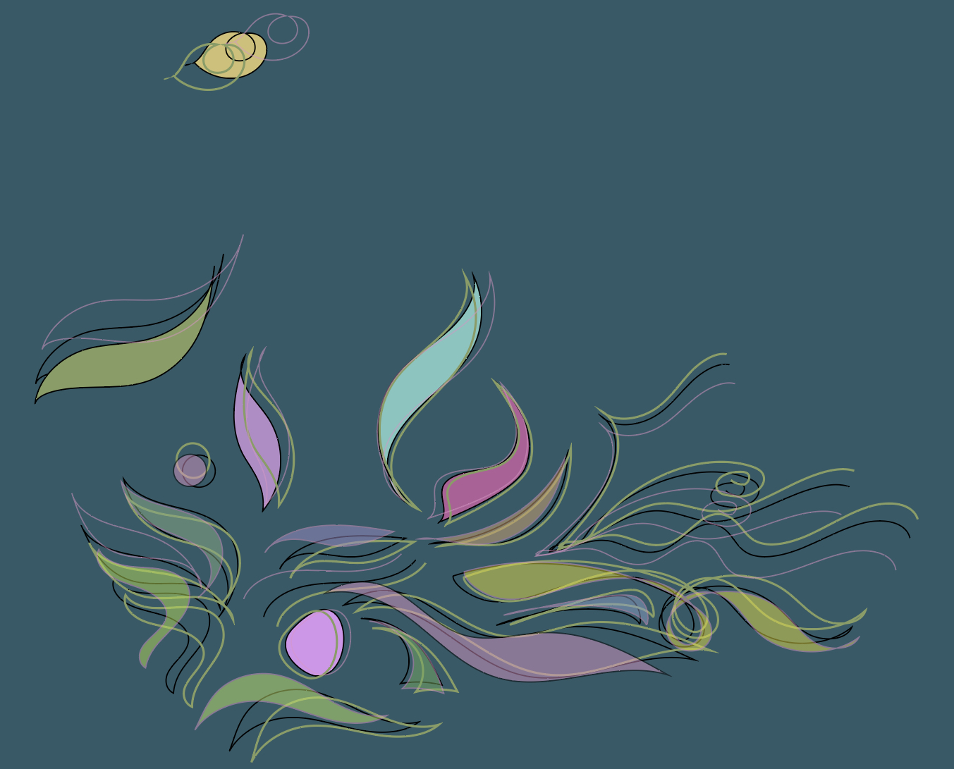 An abstract digital drawing of flowing botanical shapes and circles in lavender, green, aqua, and yellow on a blue-gray background